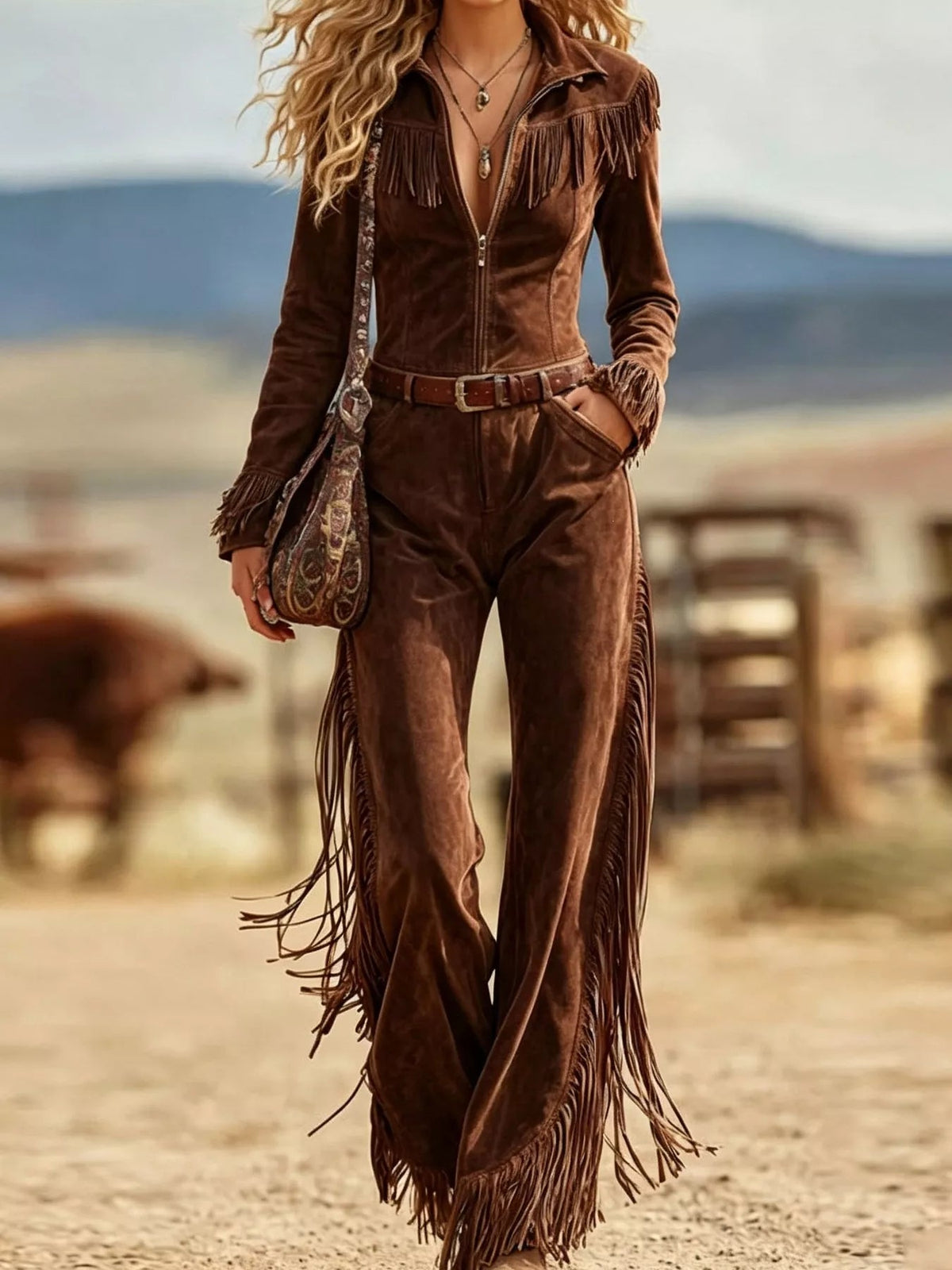 Western-Inspired Suede Fringe Jumpsuit with Zipper Front - Flip Flop Dynasty