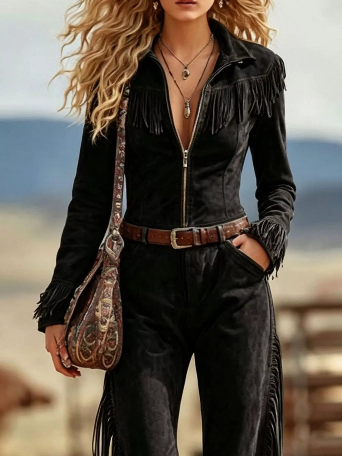 Western-Inspired Suede Fringe Jumpsuit with Zipper Front - Flip Flop Dynasty
