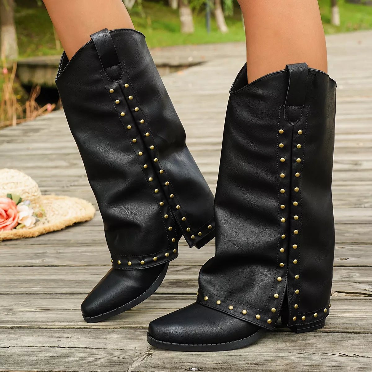 Western Studded Mid-Calf Boots - Flip Flop Dynasty