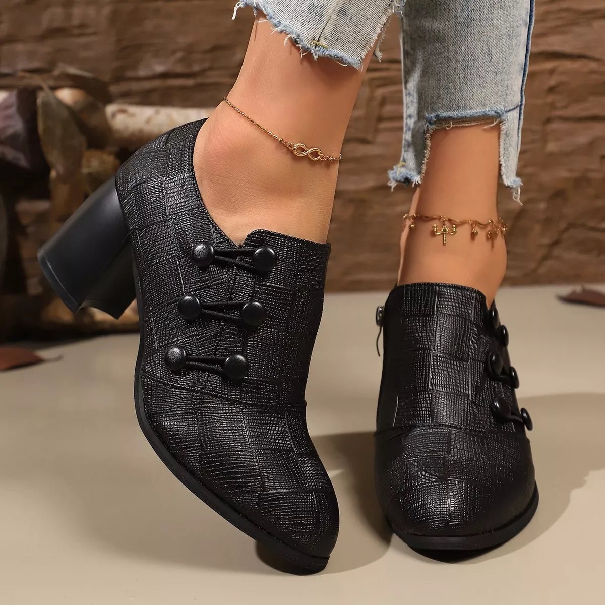 Woven Texture Button Decor Pumps - Flip Flop Dynasty