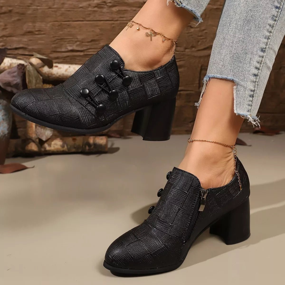 Woven Texture Button Decor Pumps - Flip Flop Dynasty