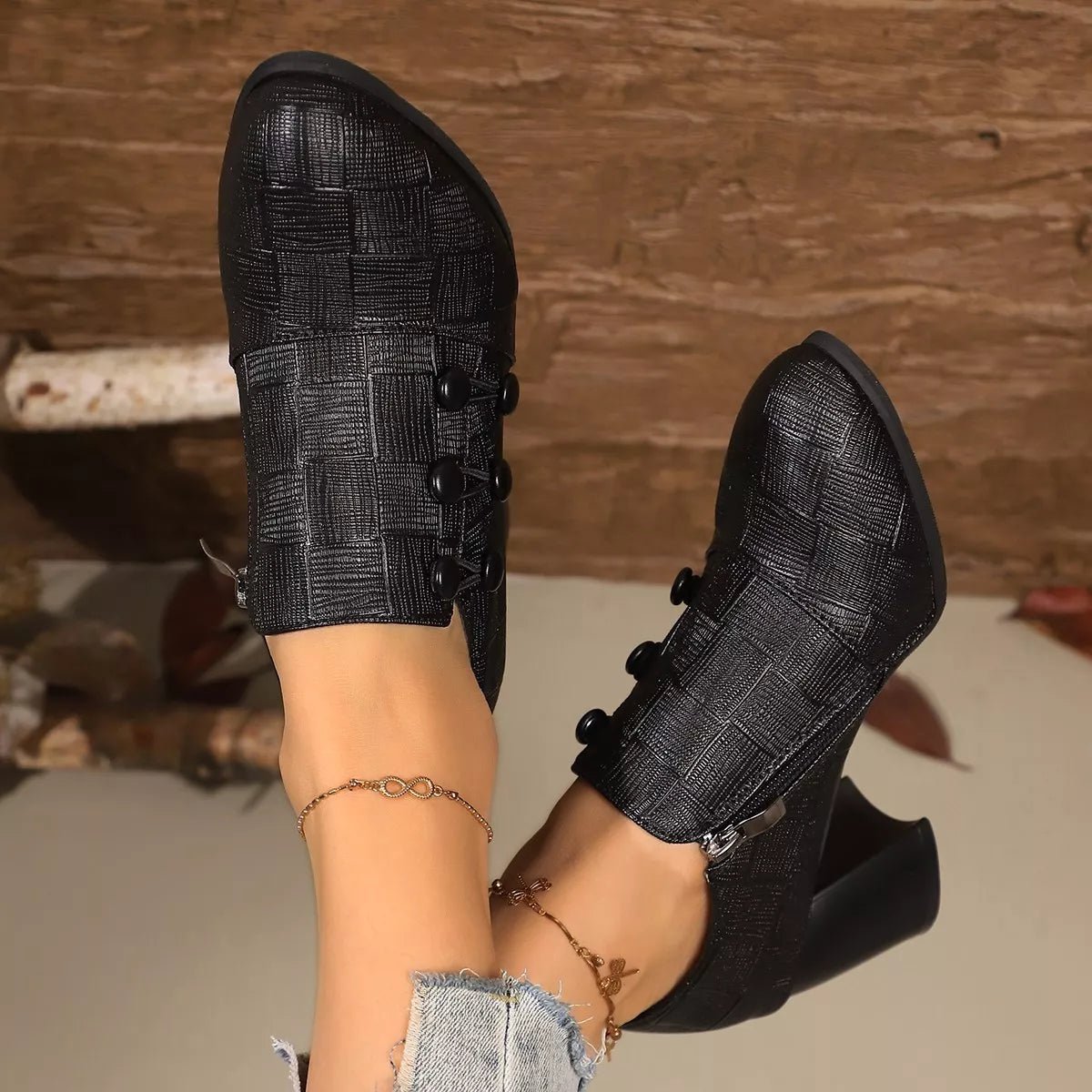 Woven Texture Button Decor Pumps - Flip Flop Dynasty