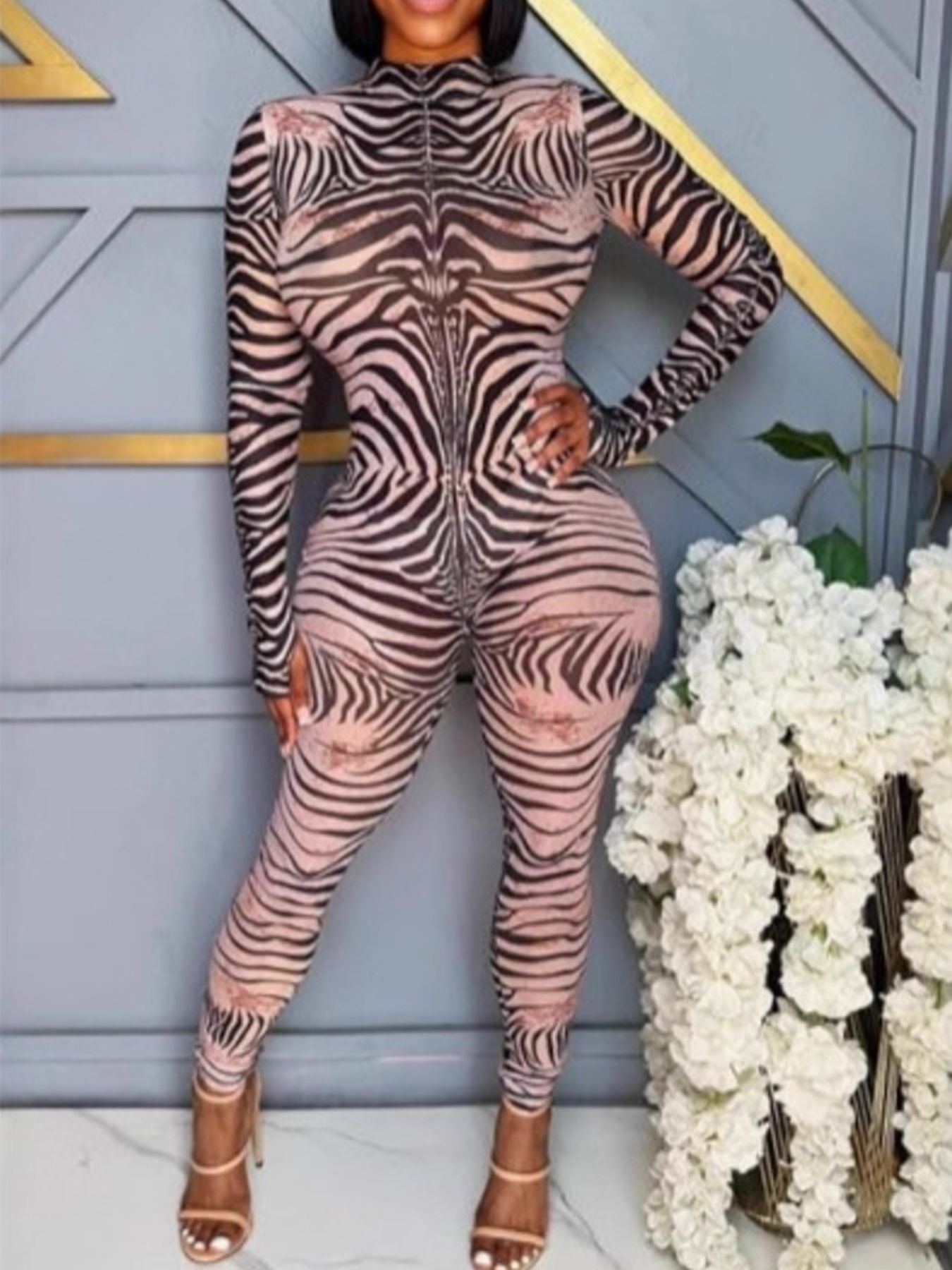 Zebra Print Long Sleeve Bodycon Jumpsuit - Flip Flop Dynasty