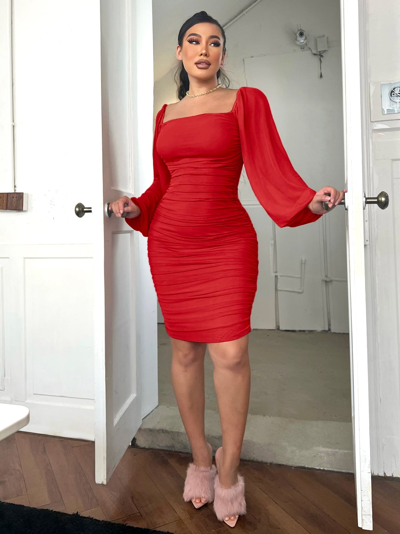 Zip - Back Ruched Bodycon Dress - Flip Flop Dynasty