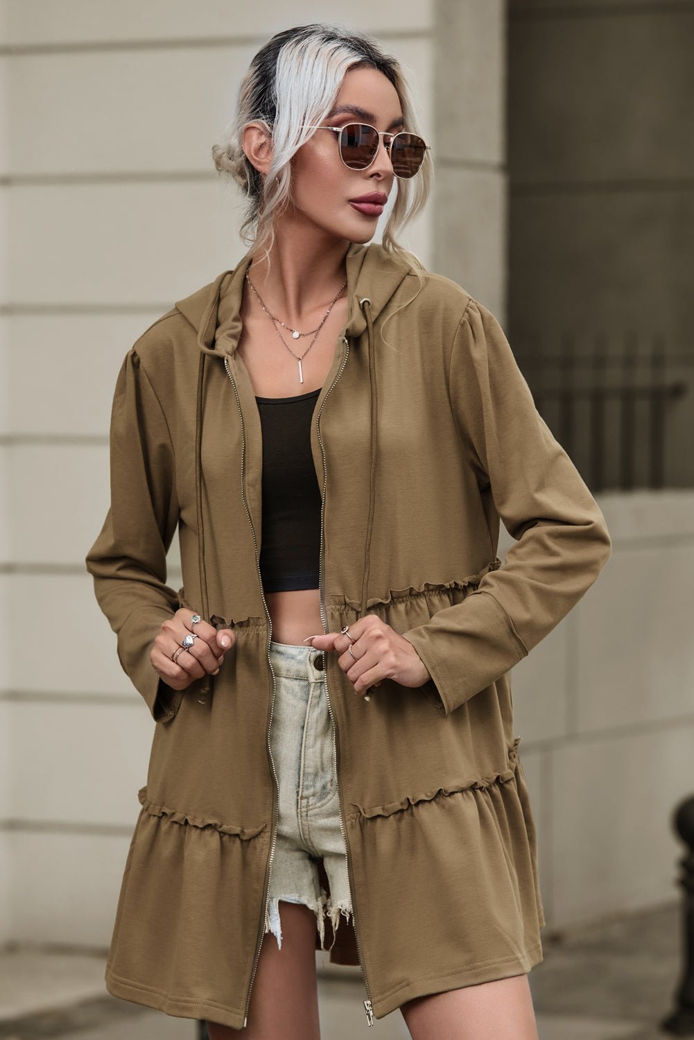 Zip Up Frill Drawstring Hooded Jacket - Flip Flop Dynasty