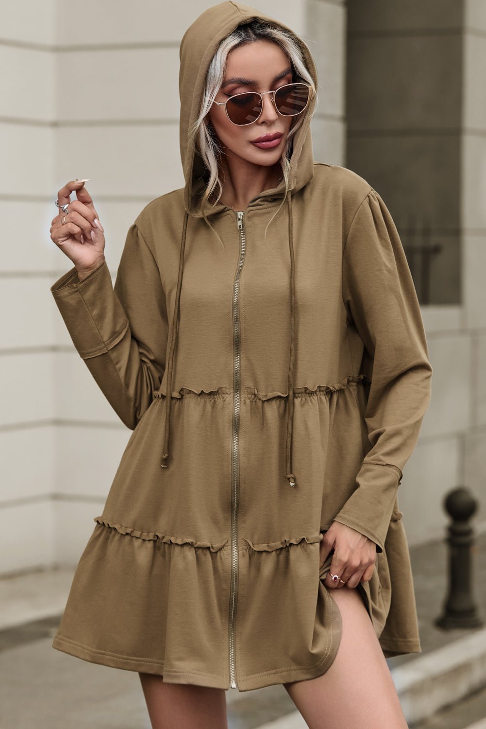 Zip Up Frill Drawstring Hooded Jacket - Flip Flop Dynasty