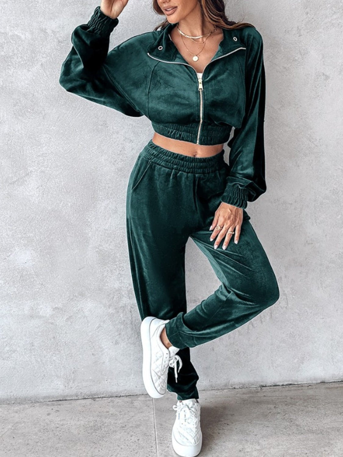 Zip Up Long Sleeve Cropped Top and Joggers Set - Flip Flop Dynasty