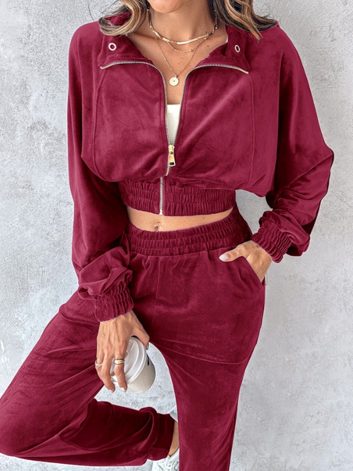 Zip Up Long Sleeve Cropped Top and Joggers Set - Flip Flop Dynasty