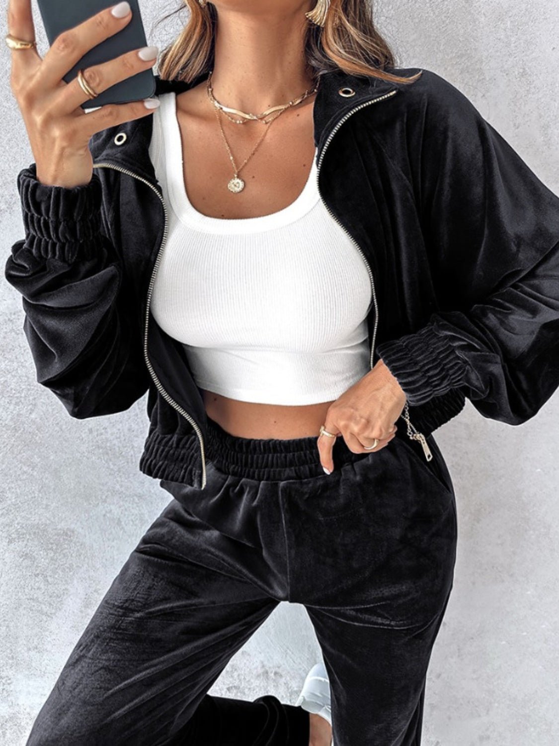 Zip Up Long Sleeve Cropped Top and Joggers Set - Flip Flop Dynasty