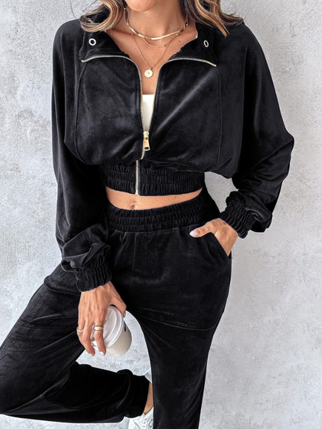 Zip Up Long Sleeve Cropped Top and Joggers Set - Flip Flop Dynasty