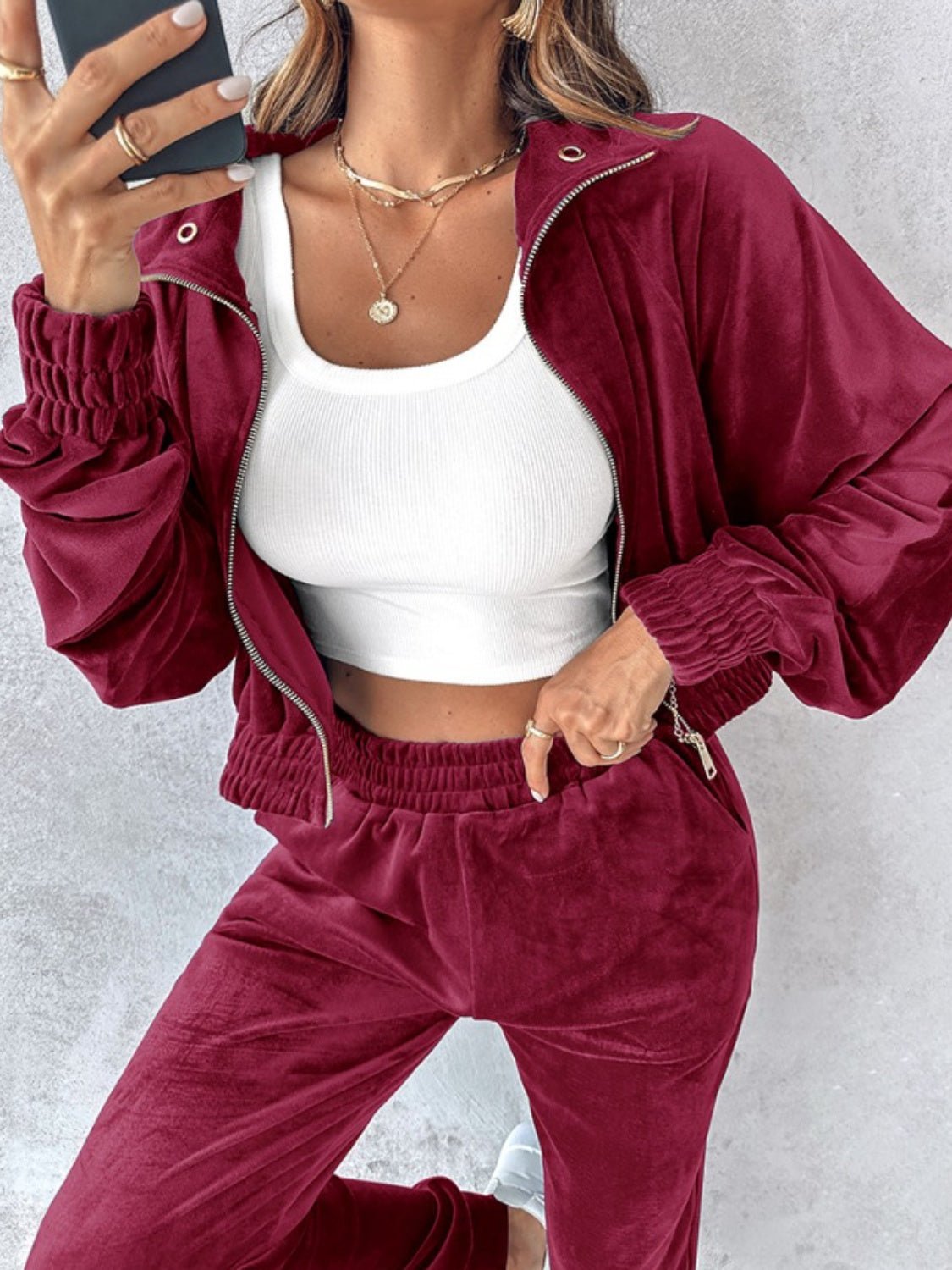 Zip Up Long Sleeve Cropped Top and Joggers Set - Flip Flop Dynasty