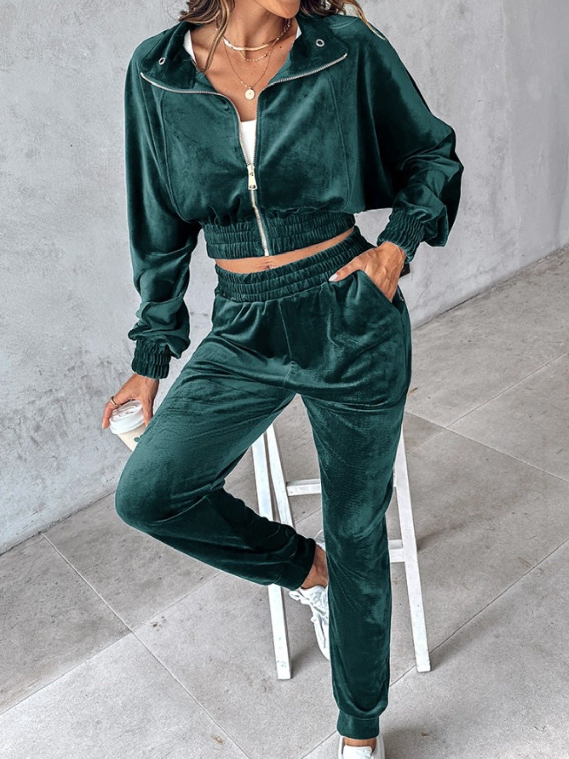 Zip Up Long Sleeve Cropped Top and Joggers Set - Flip Flop Dynasty