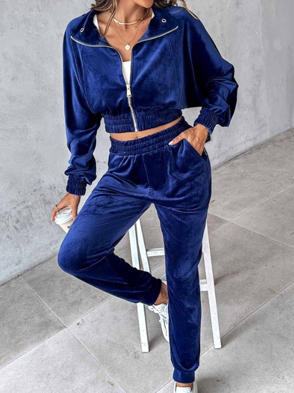 Zip Up Long Sleeve Cropped Top and Joggers Set - Flip Flop Dynasty