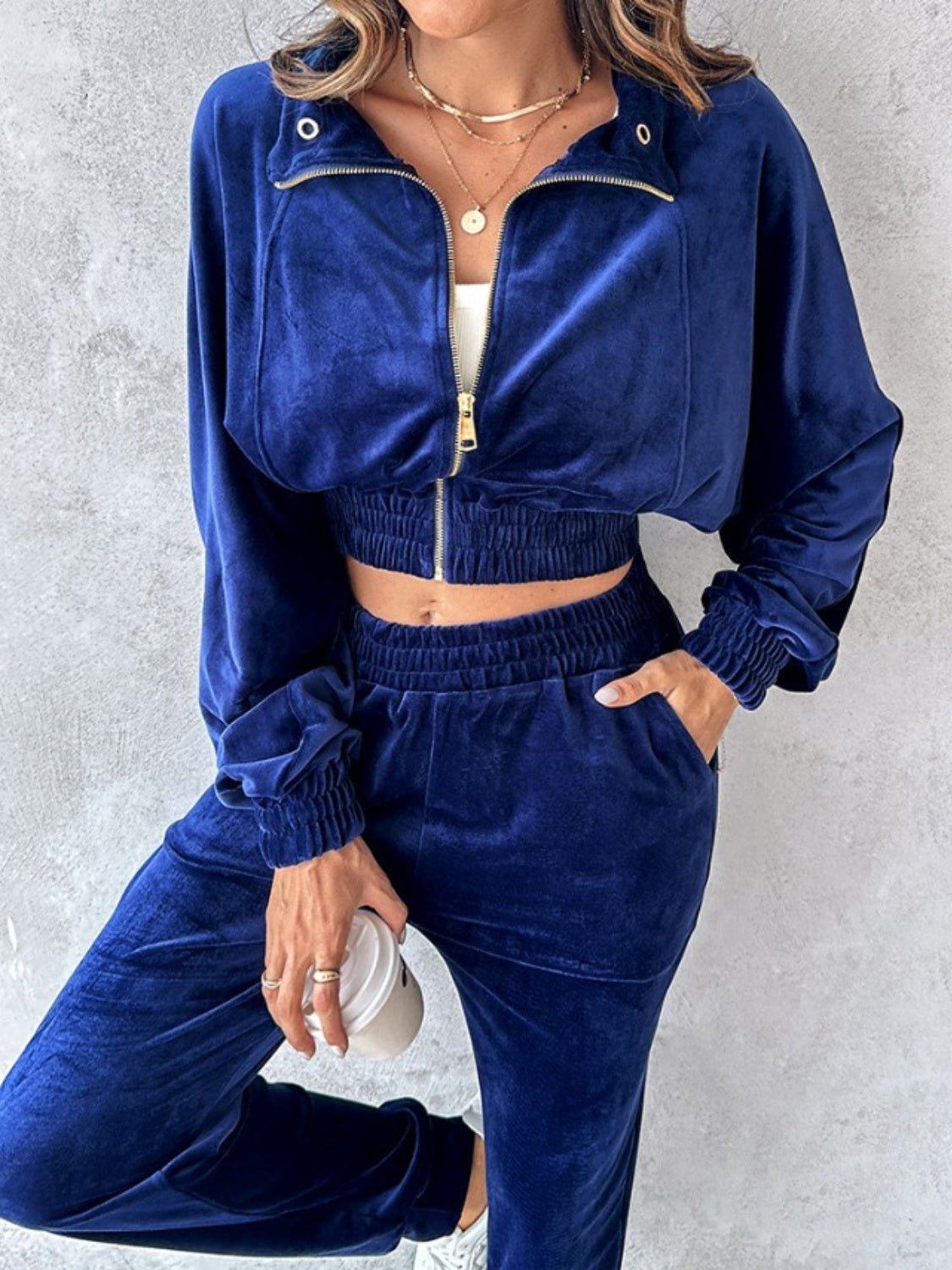 Zip Up Long Sleeve Cropped Top and Joggers Set - Flip Flop Dynasty