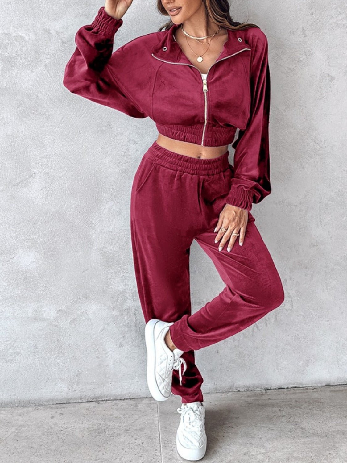 Zip Up Long Sleeve Cropped Top and Joggers Set - Flip Flop Dynasty