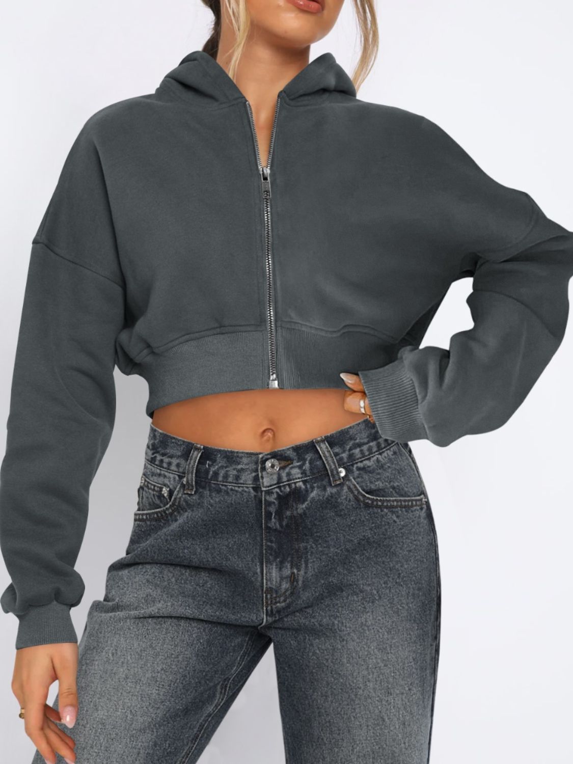 Zip Up Long Sleeve Hooded Cropped Jacket - Flip Flop Dynasty