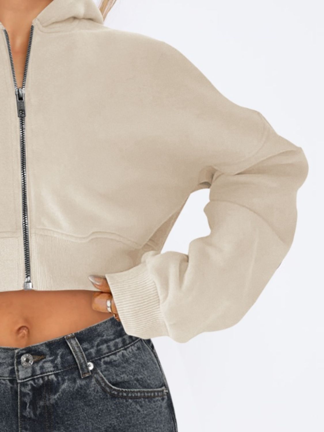 Zip Up Long Sleeve Hooded Cropped Jacket - Flip Flop Dynasty