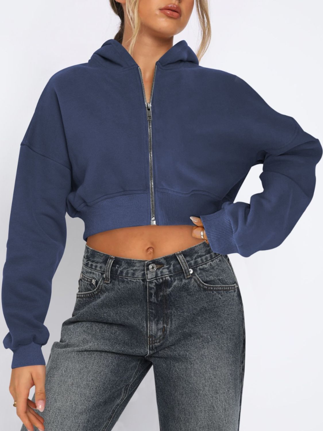 Zip Up Long Sleeve Hooded Cropped Jacket - Flip Flop Dynasty