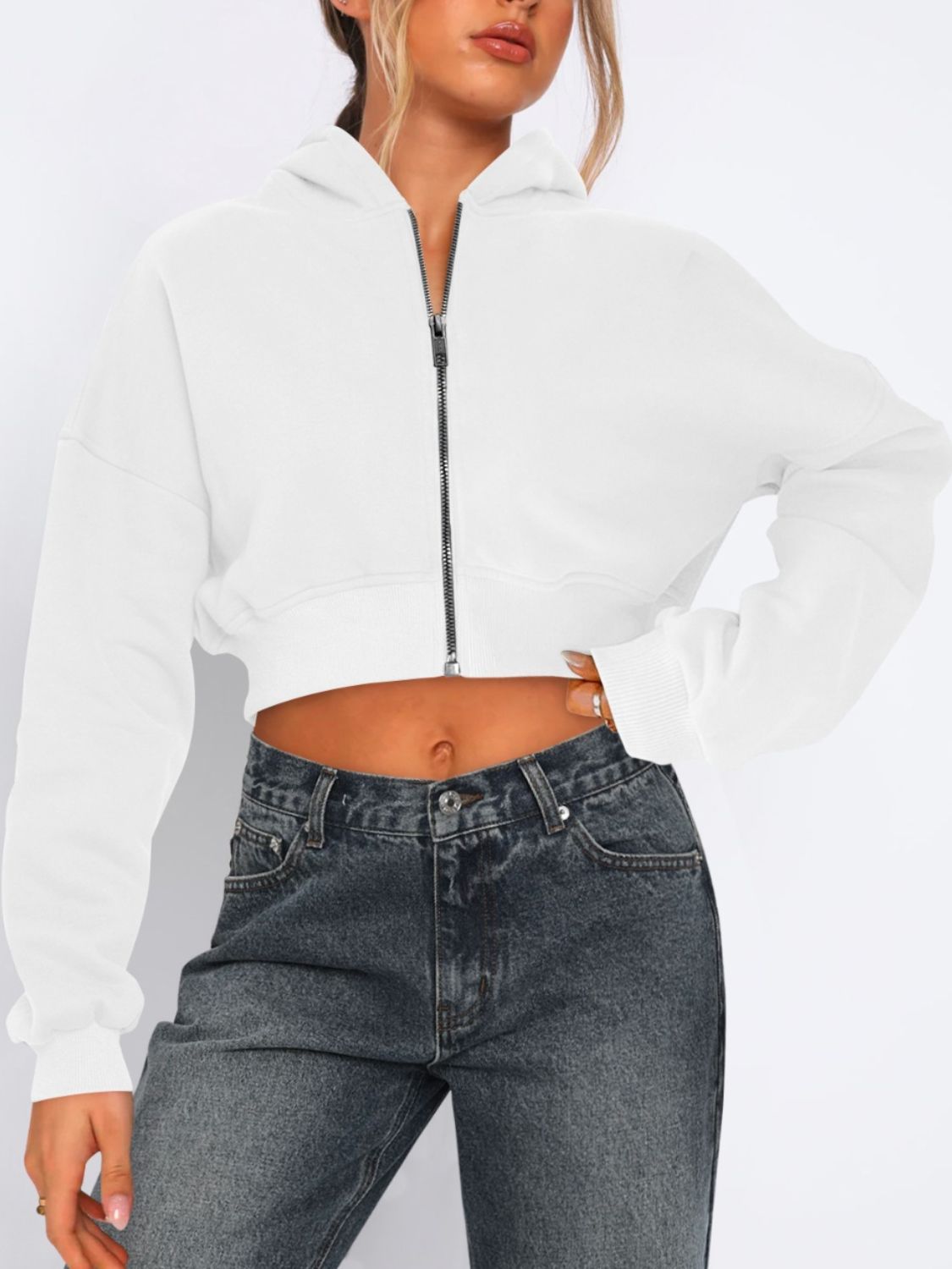 Zip Up Long Sleeve Hooded Cropped Jacket - Flip Flop Dynasty