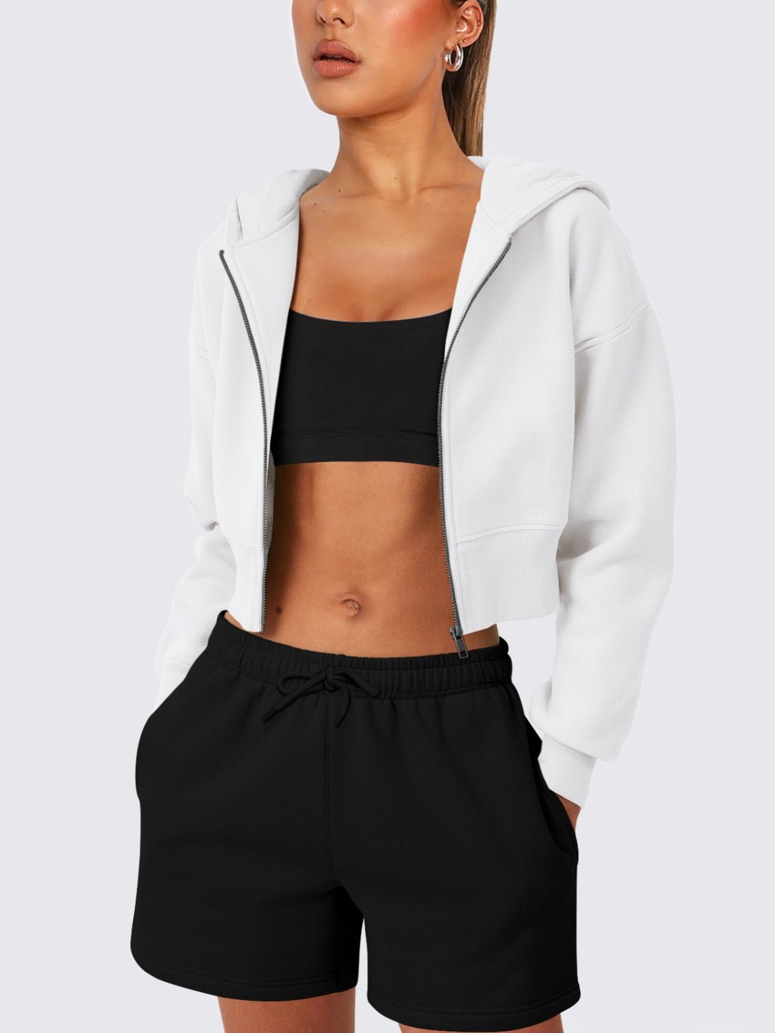 Zip Up Long Sleeve Hooded Cropped Jacket - Flip Flop Dynasty
