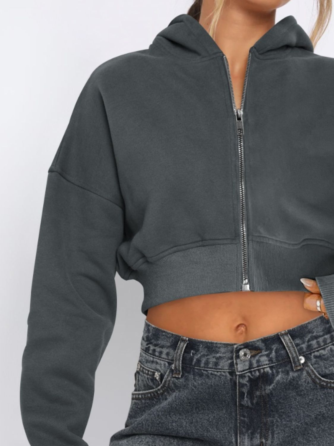 Zip Up Long Sleeve Hooded Cropped Jacket - Flip Flop Dynasty