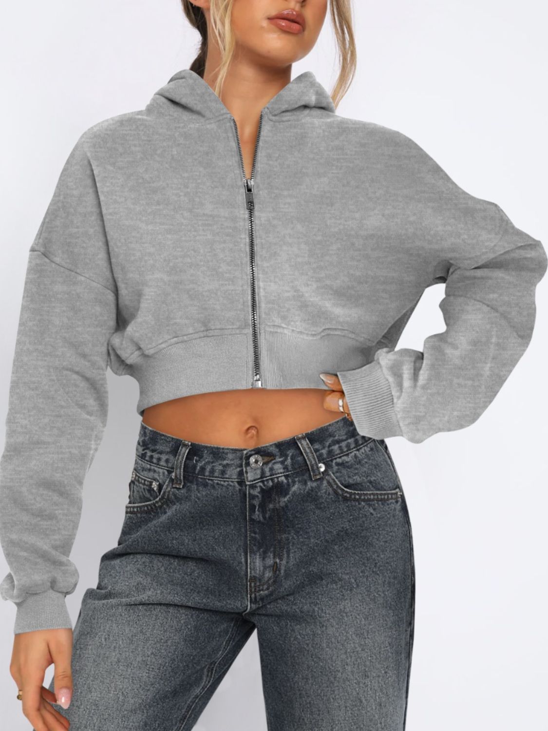 Zip Up Long Sleeve Hooded Cropped Jacket - Flip Flop Dynasty