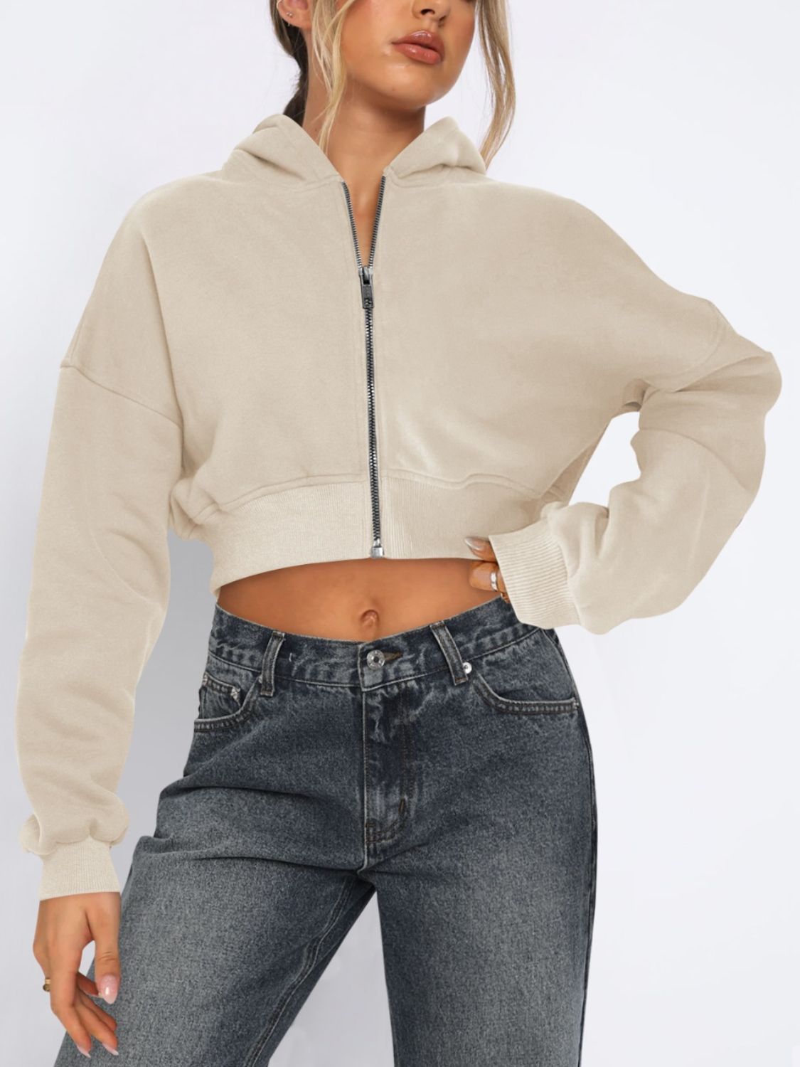 Zip Up Long Sleeve Hooded Cropped Jacket - Flip Flop Dynasty