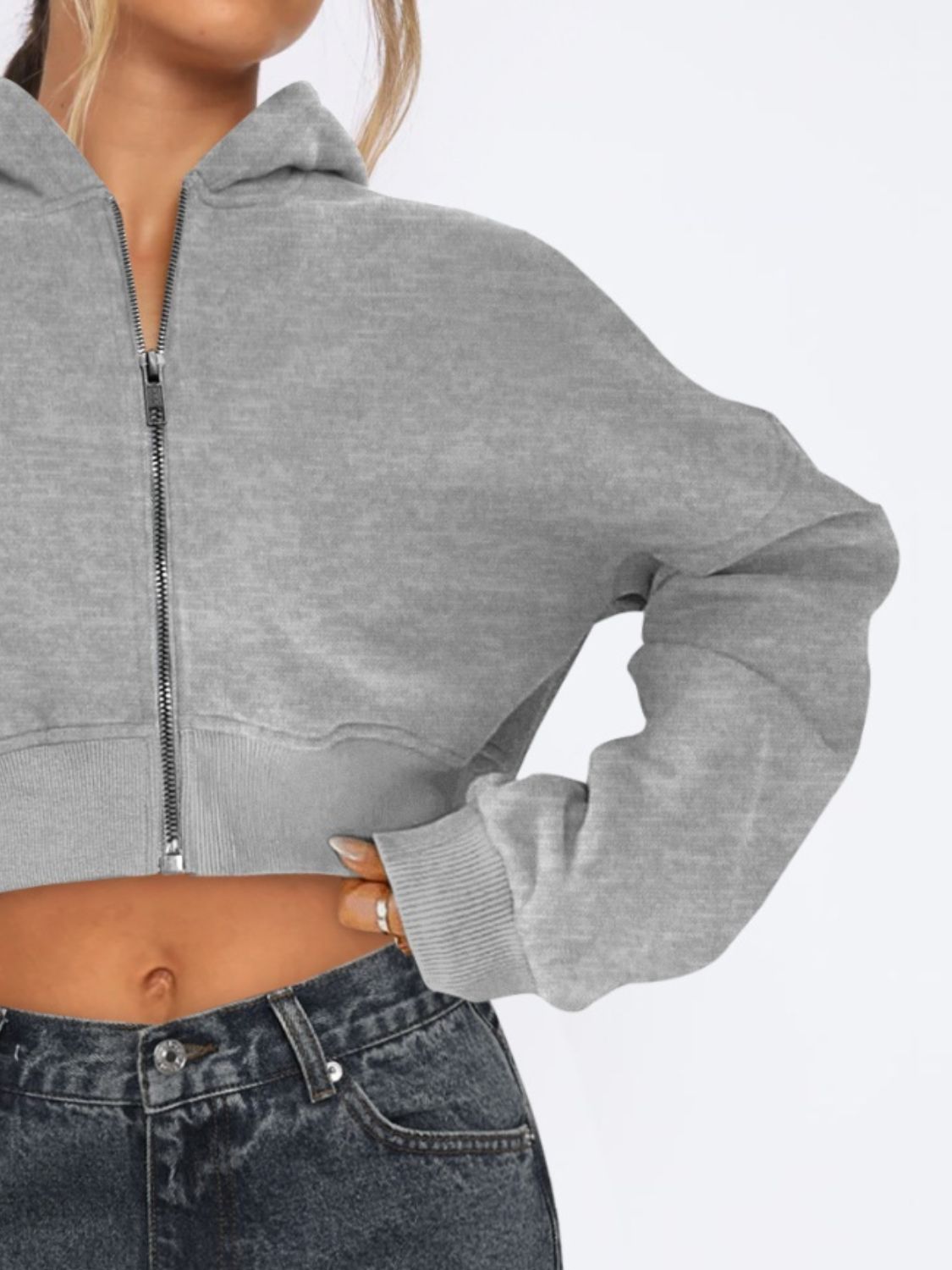 Zip Up Long Sleeve Hooded Cropped Jacket - Flip Flop Dynasty