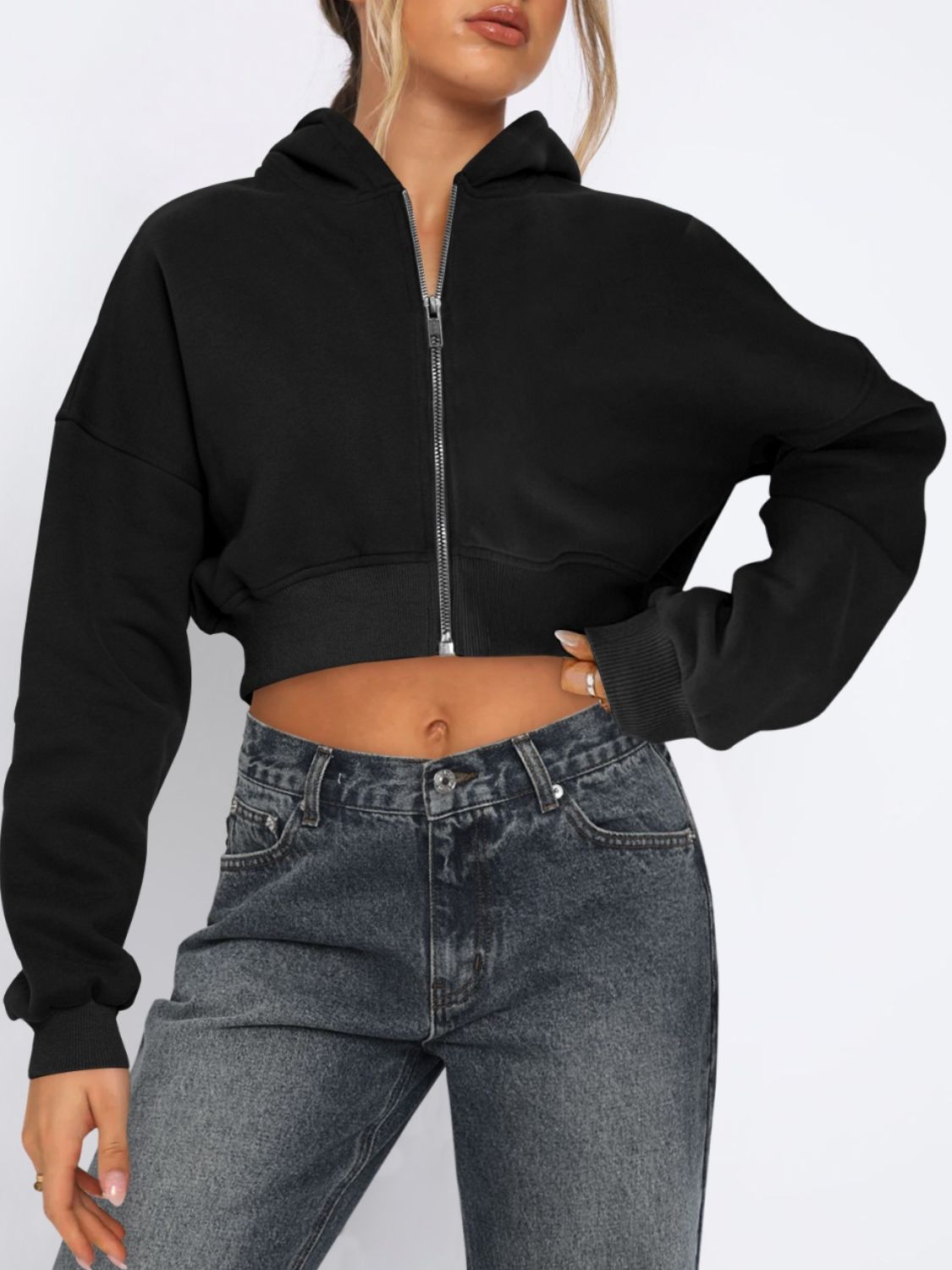 Zip Up Long Sleeve Hooded Cropped Jacket - Flip Flop Dynasty