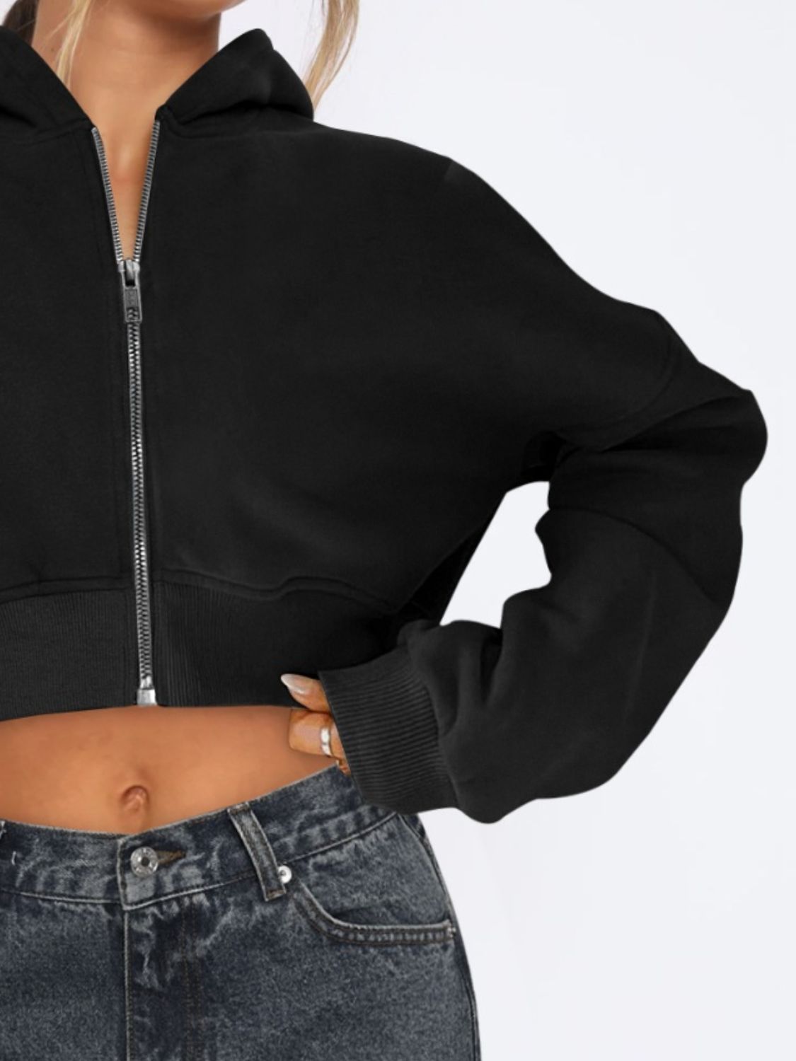 Zip Up Long Sleeve Hooded Cropped Jacket - Flip Flop Dynasty
