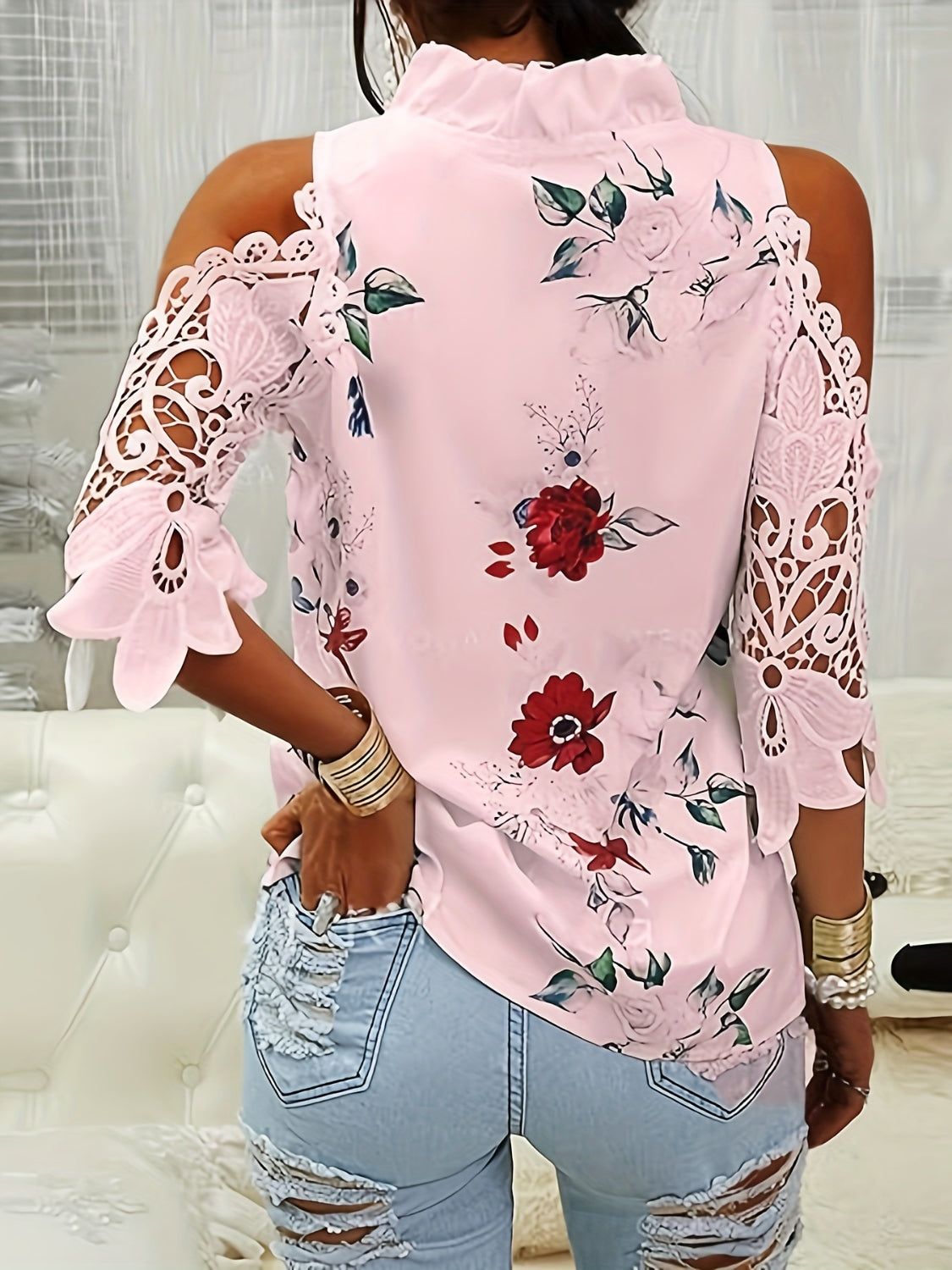Full Size Lace Printed Half Sleeve Blouse
