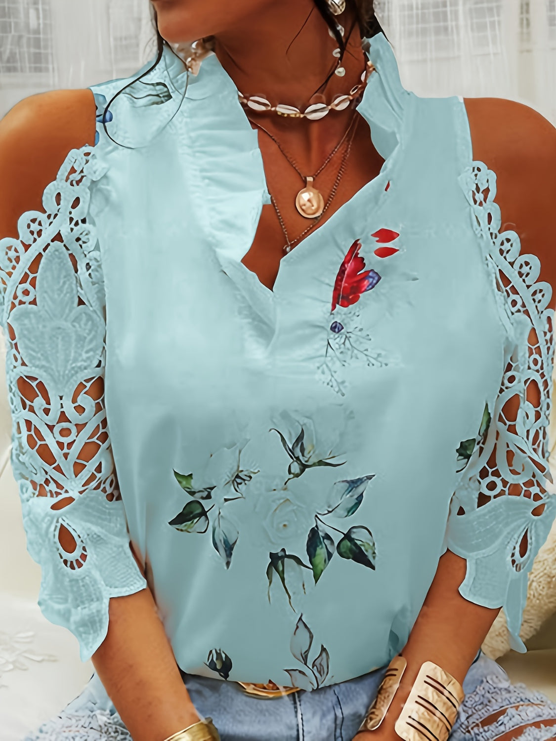 Full Size Lace Printed Half Sleeve Blouse