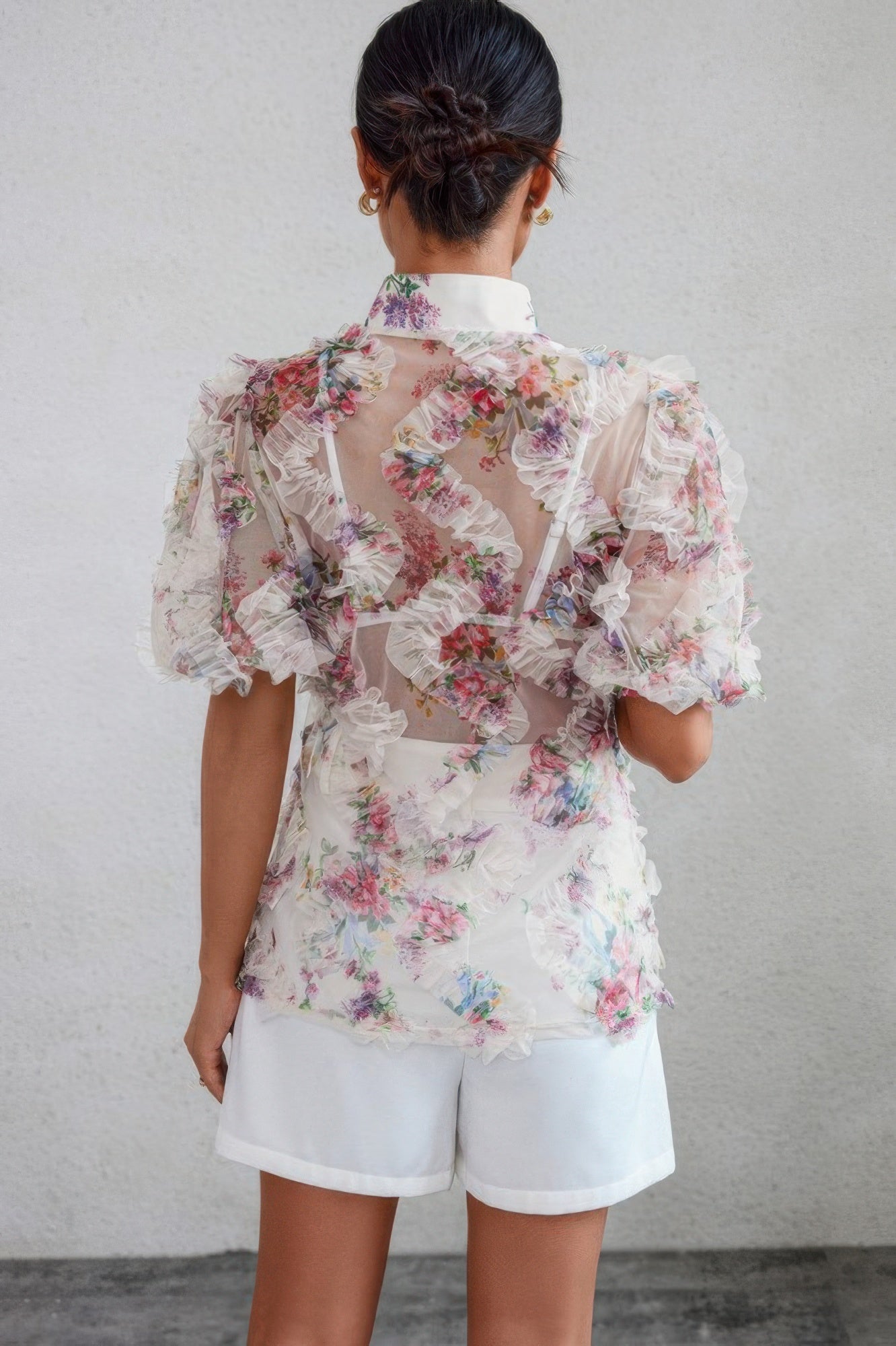 Allover Print See Through Collar Puff Sleeve Shirt - Flip Flop Dynasty