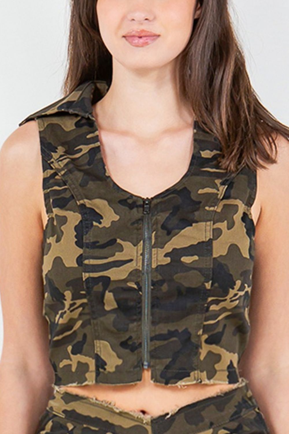 American Bazi Zip Up Camo Crop Denim Vest - Flip Flop Dynasty