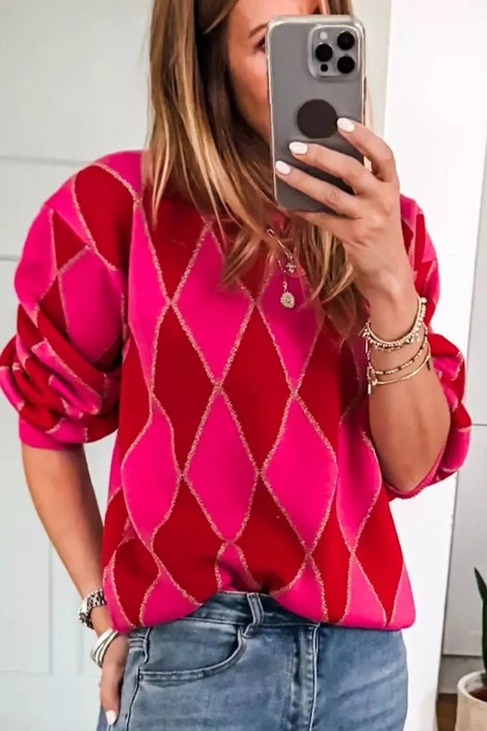 Argyle Pattern Long Sleeve Sweater - Flip Flop Dynasty