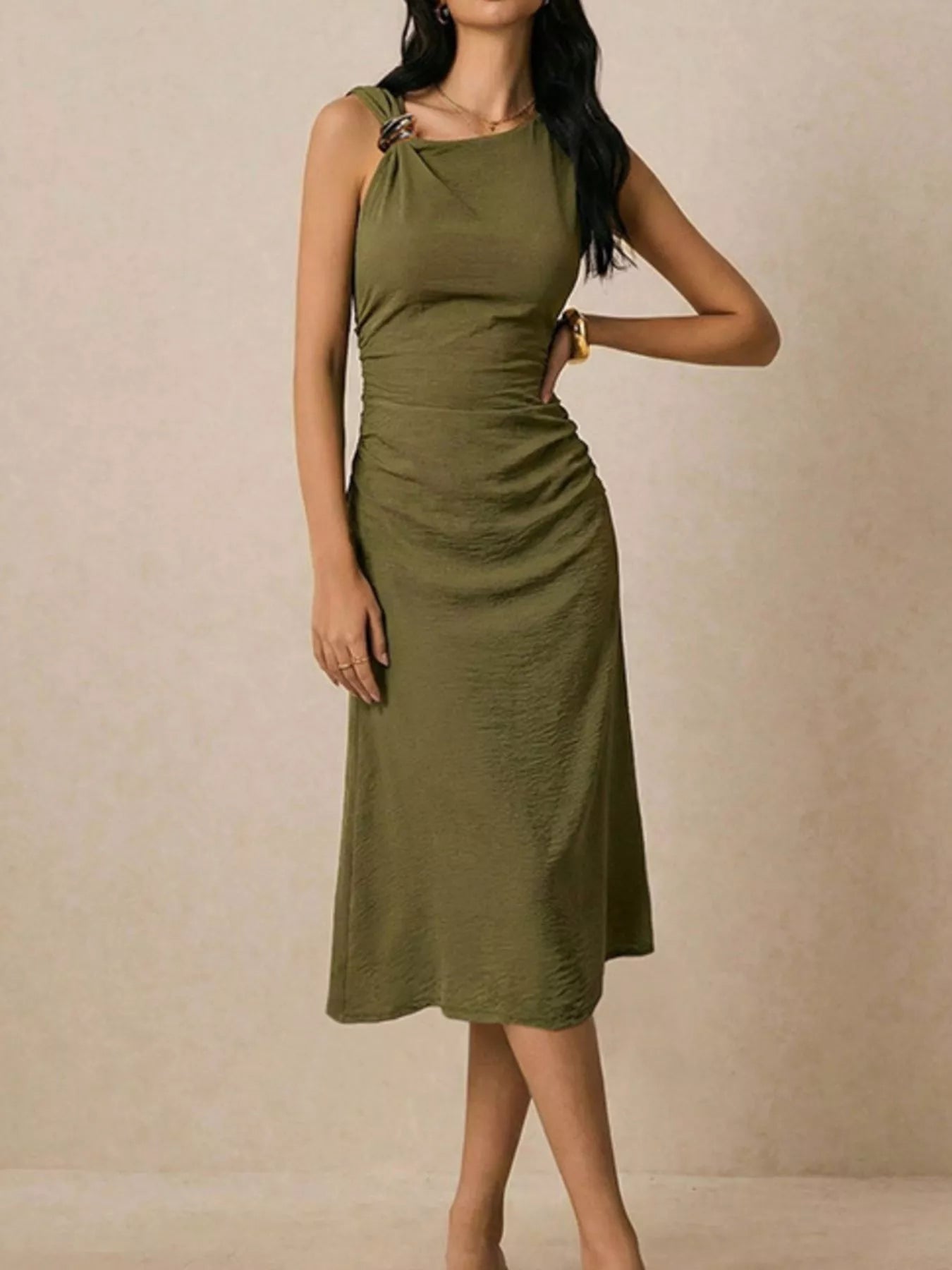 Asymmetrical Neck Ruched Midi Dress - Flip Flop Dynasty