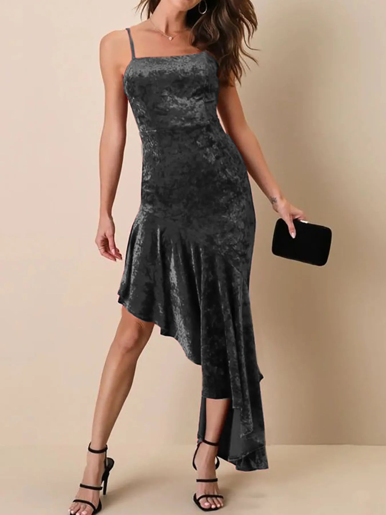 Asymmetrical Velvet Cami Dress with Ruffle Hem - Flip Flop Dynasty