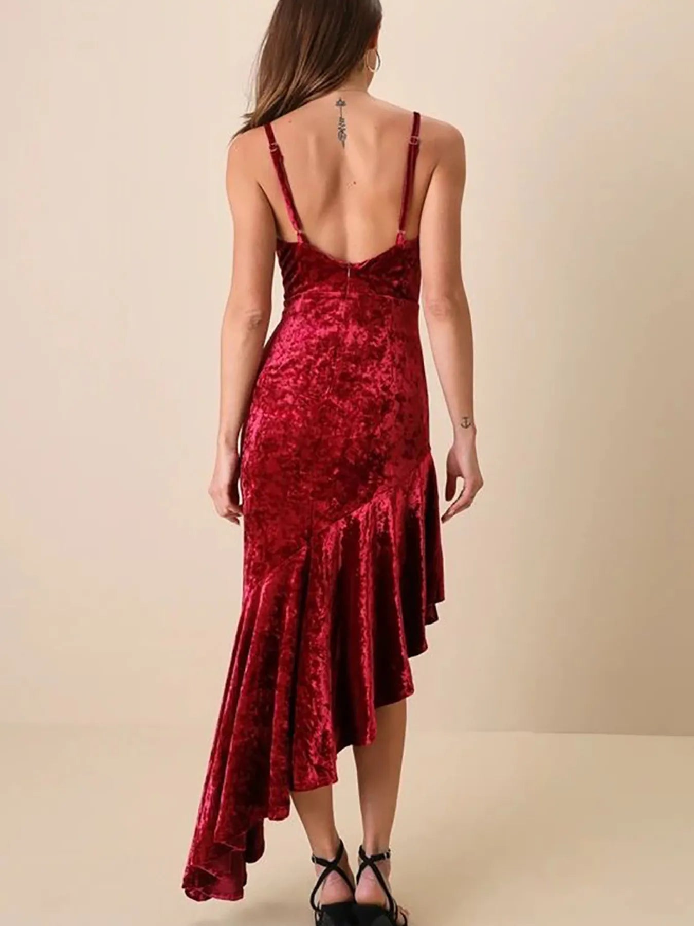 Asymmetrical Velvet Cami Dress with Ruffle Hem - Flip Flop Dynasty