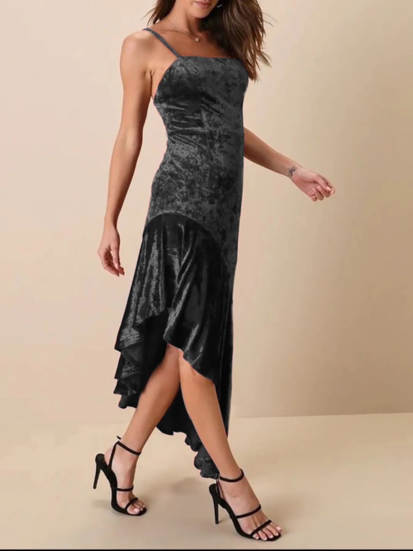Asymmetrical Velvet Cami Dress with Ruffle Hem - Flip Flop Dynasty