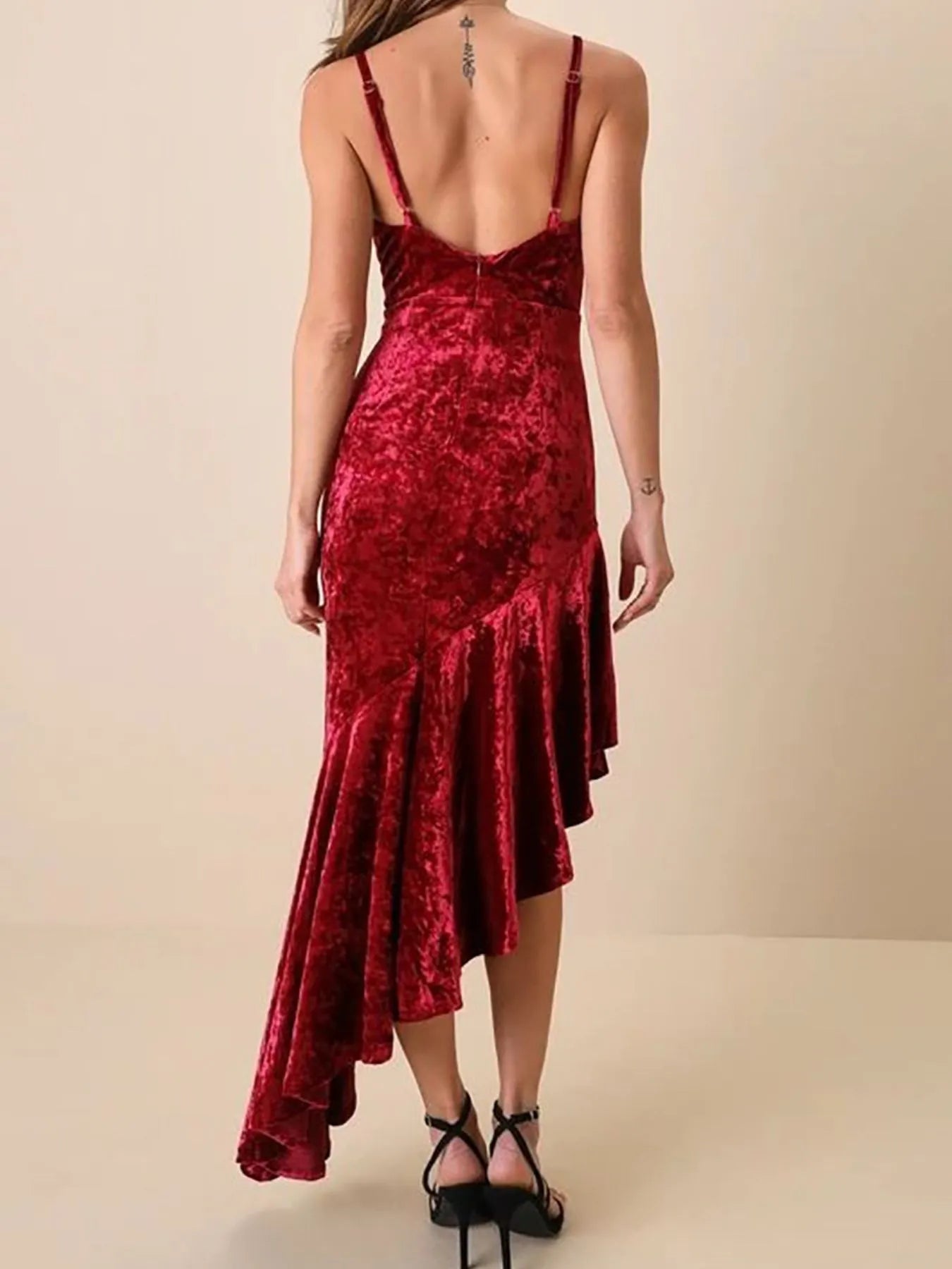 Asymmetrical Velvet Cami Dress with Ruffle Hem - Flip Flop Dynasty