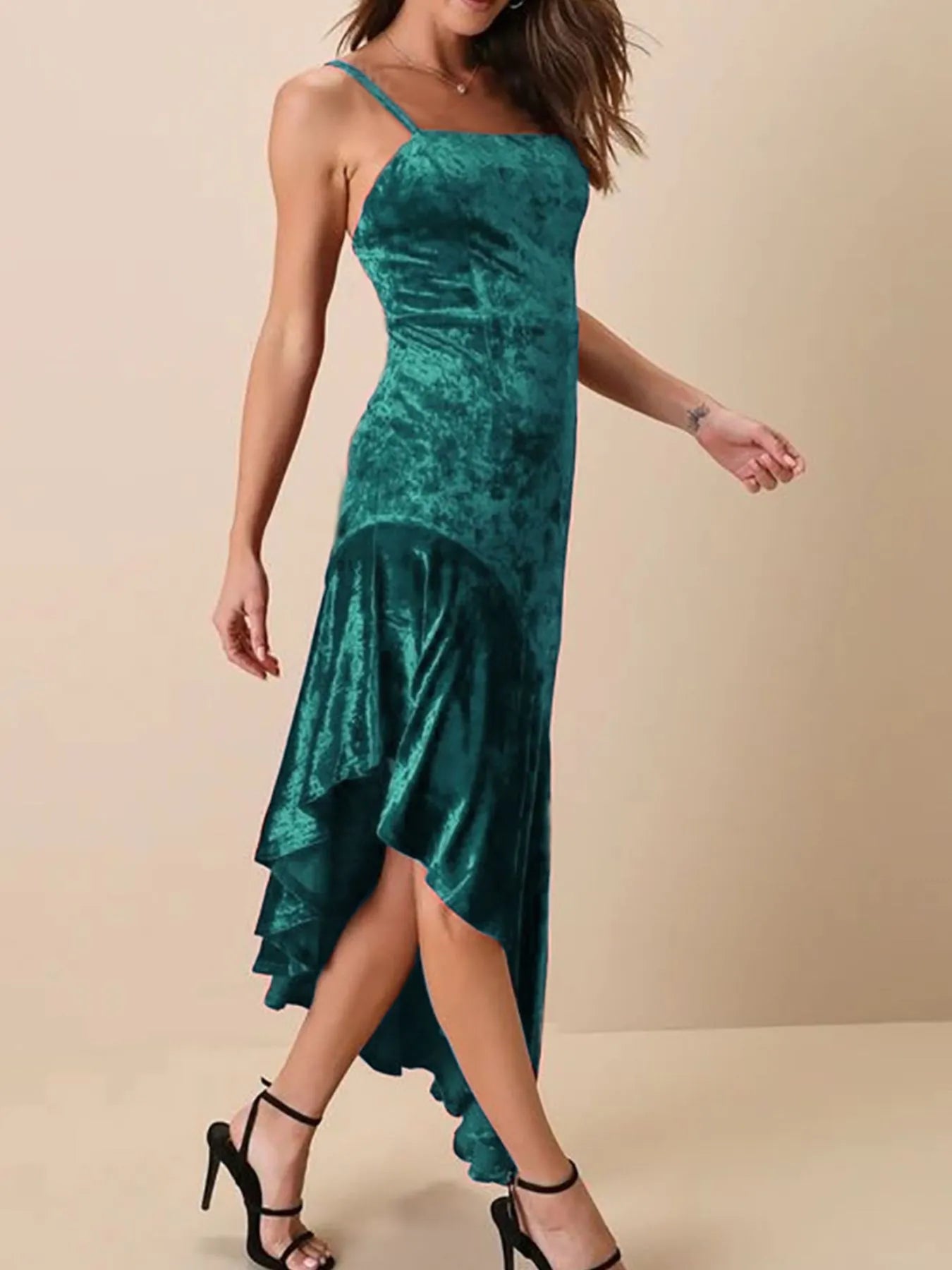 Asymmetrical Velvet Cami Dress with Ruffle Hem - Flip Flop Dynasty