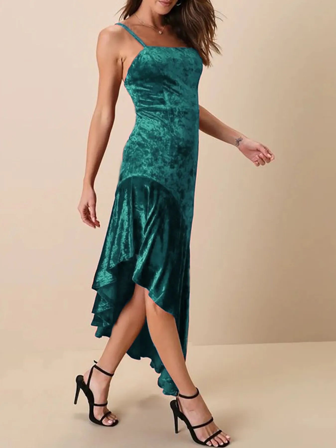 Asymmetrical Velvet Cami Dress with Ruffle Hem - Flip Flop Dynasty