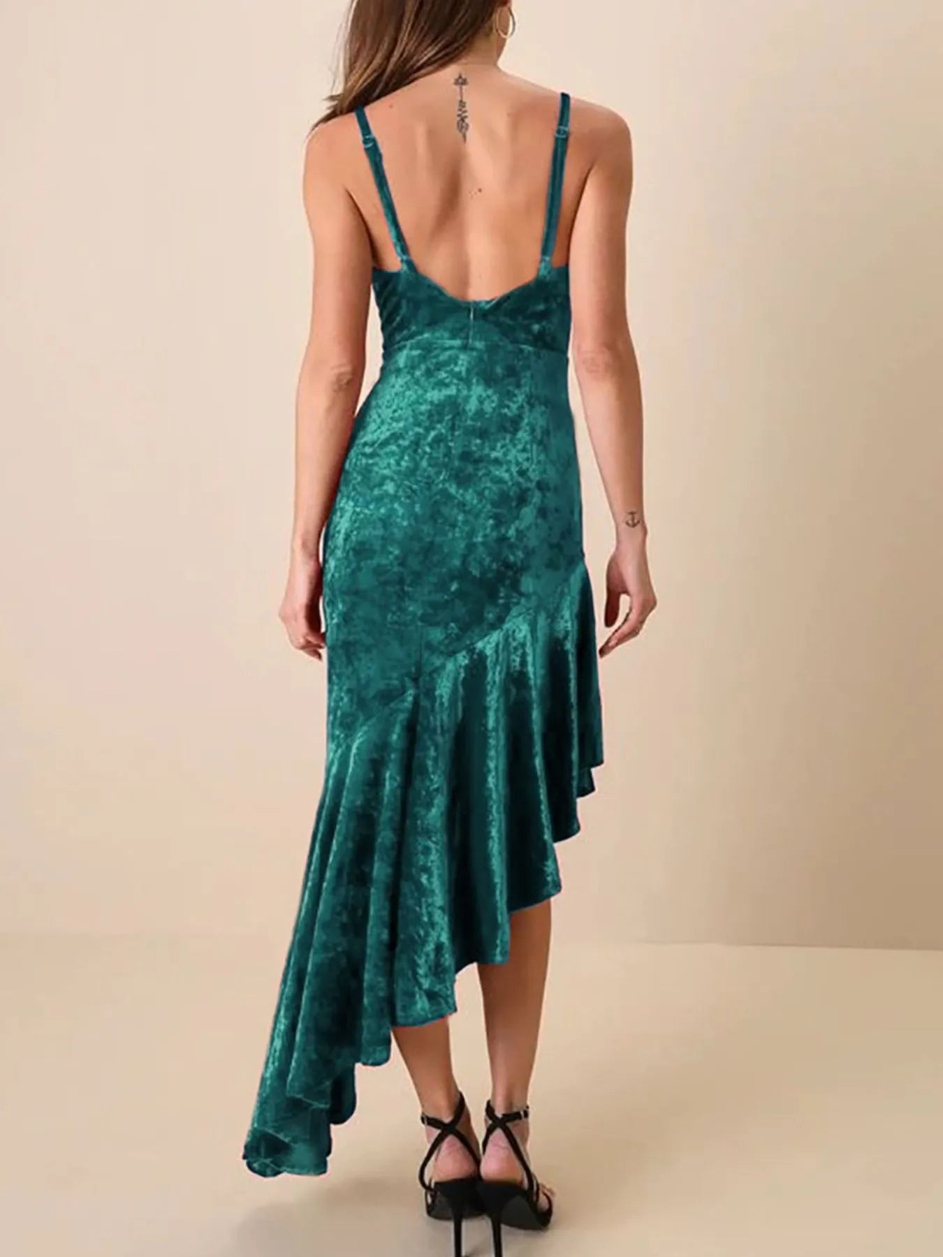 Asymmetrical Velvet Cami Dress with Ruffle Hem - Flip Flop Dynasty