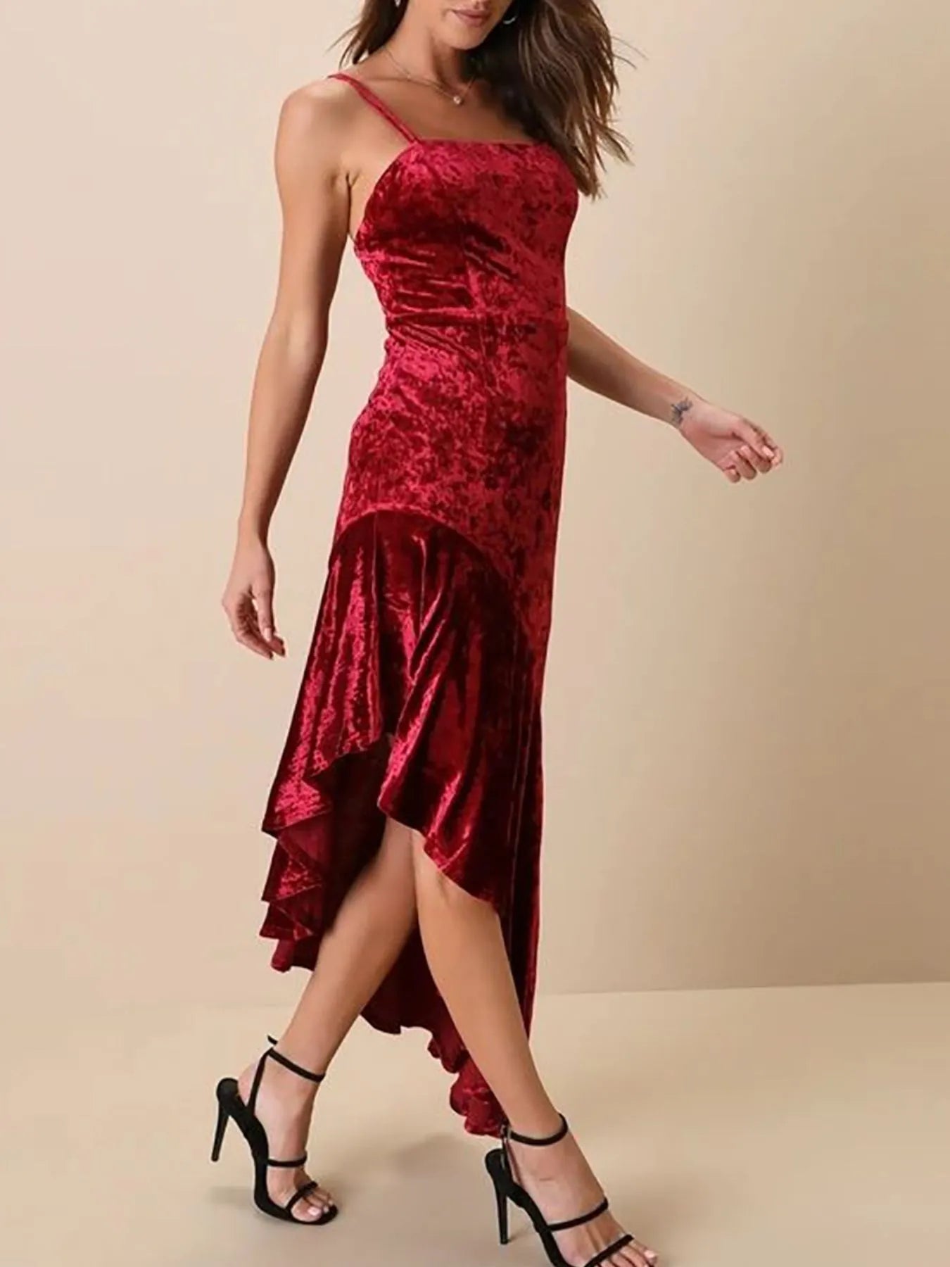 Asymmetrical Velvet Cami Dress with Ruffle Hem - Flip Flop Dynasty