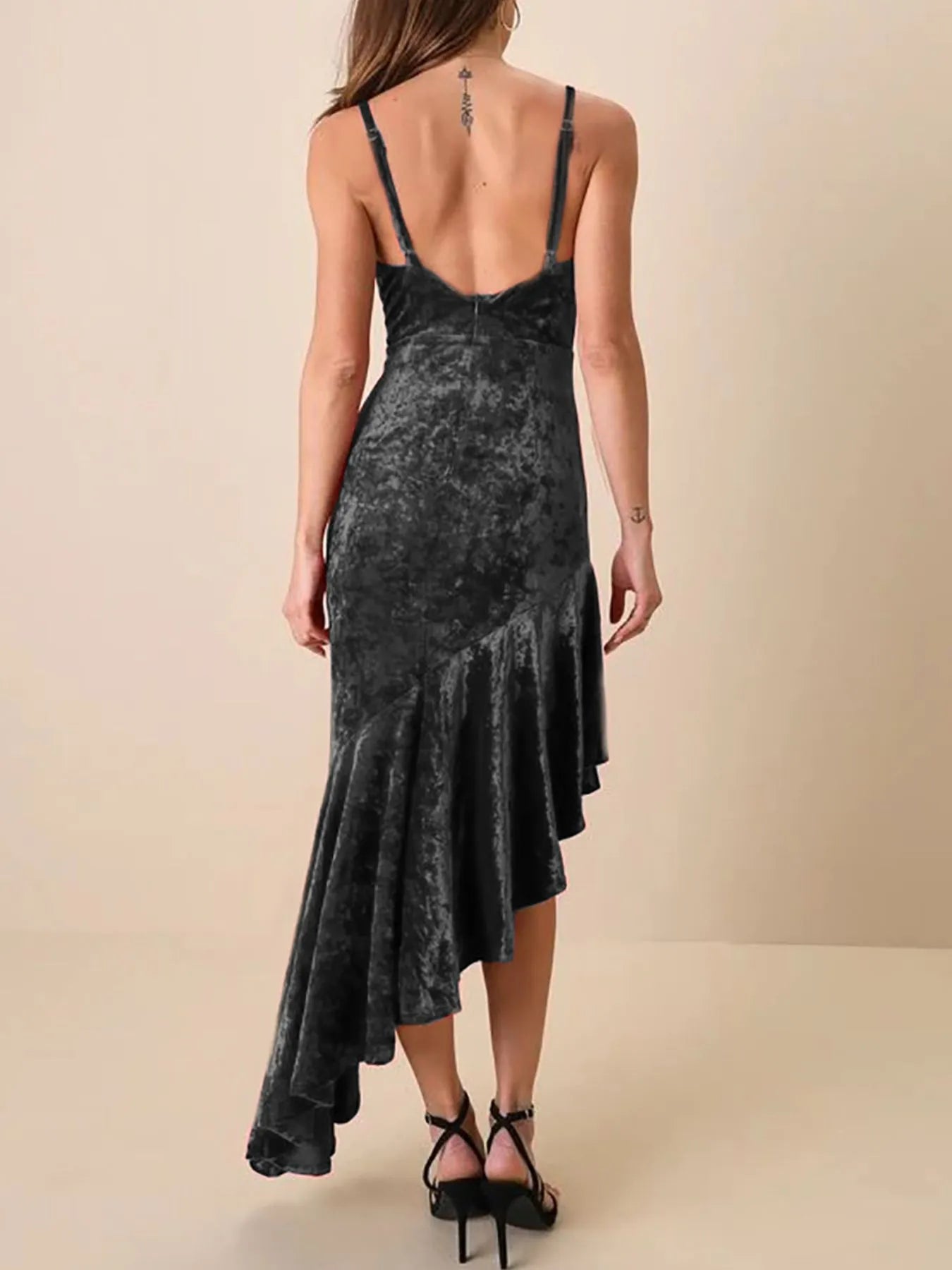 Asymmetrical Velvet Cami Dress with Ruffle Hem - Flip Flop Dynasty