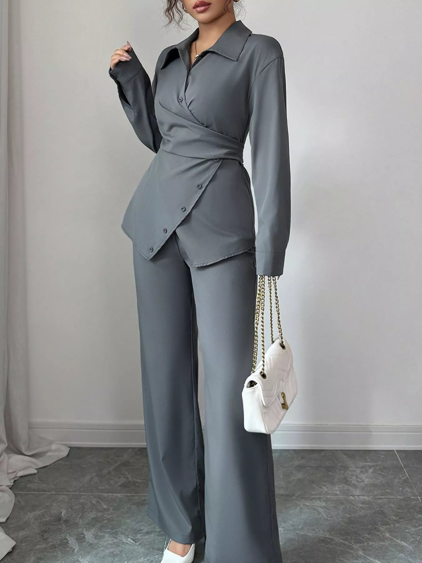 Back Tie Wrap Blazer and Wide Leg Pants Set - Flip Flop Dynasty
