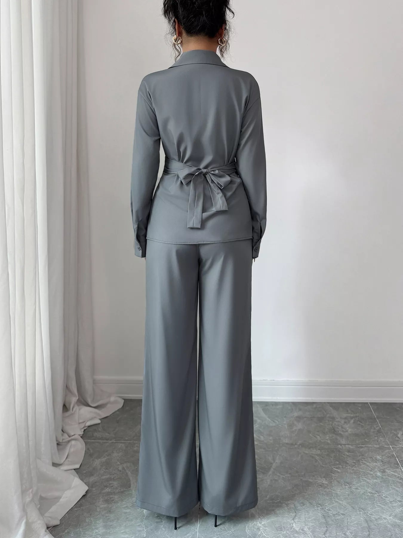Back Tie Wrap Blazer and Wide Leg Pants Set - Flip Flop Dynasty