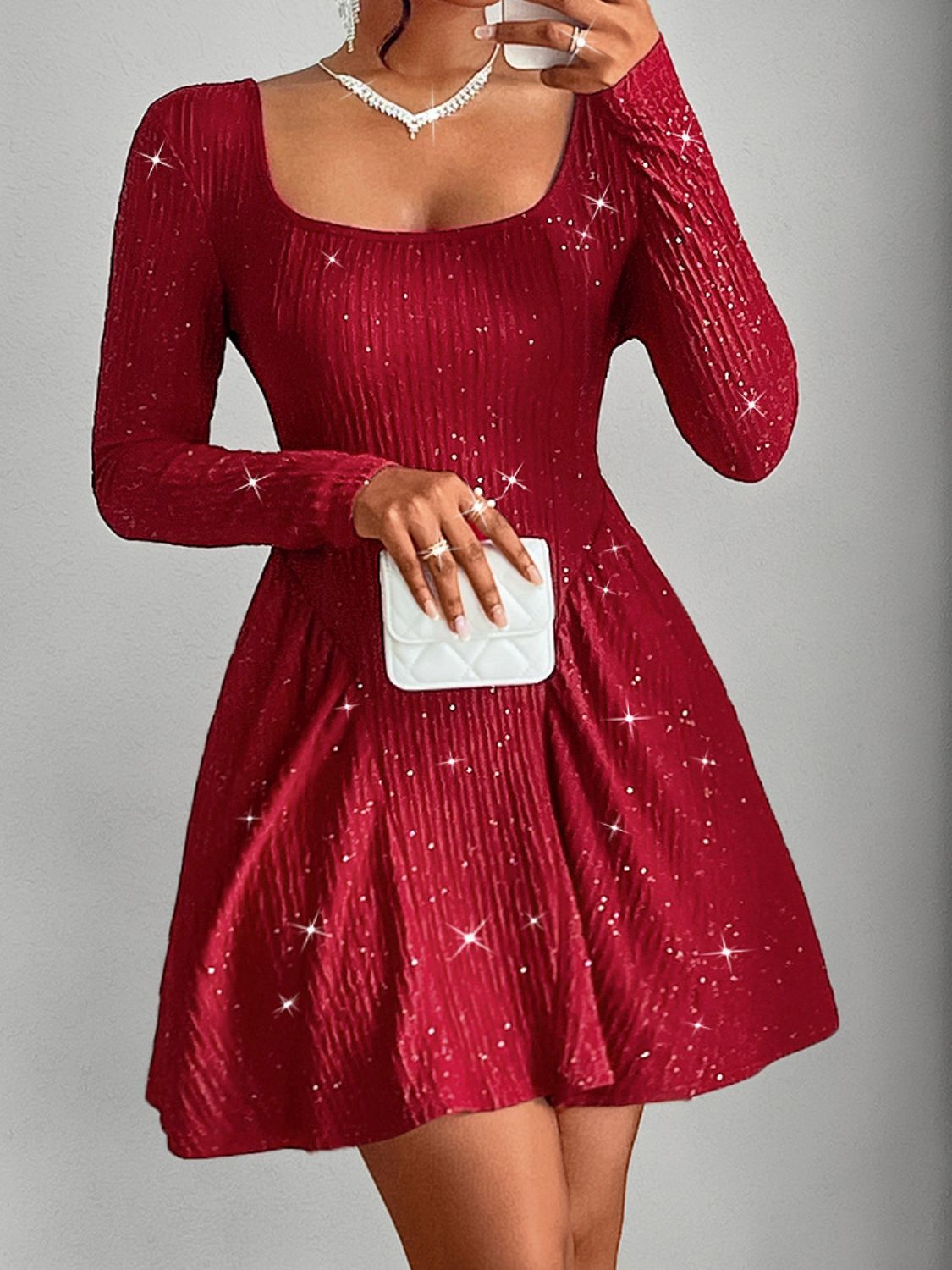 Backless Glitter Square Neck Long Sleeve Mini Dress - Flip Flop Dynasty