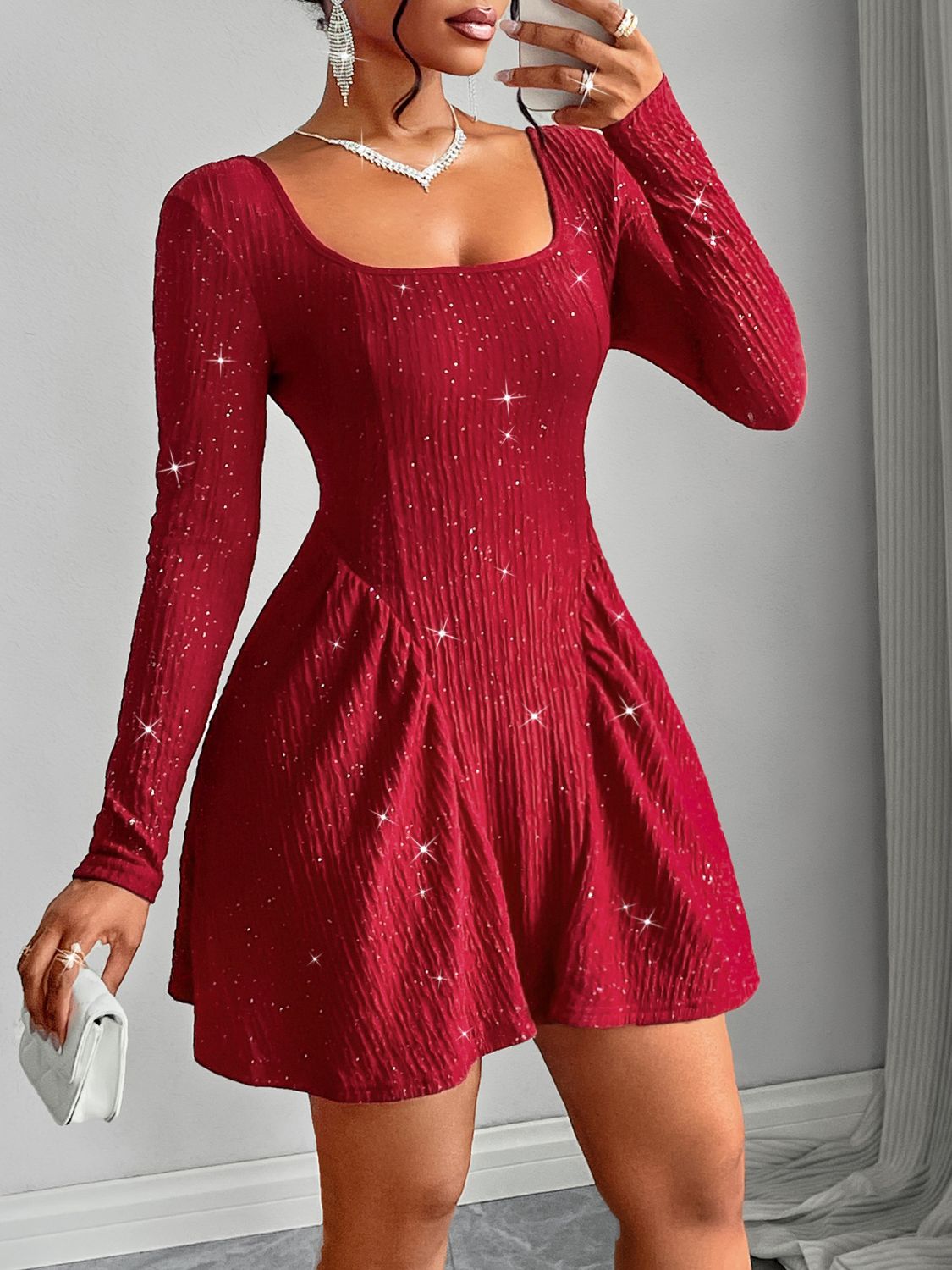 Backless Glitter Square Neck Long Sleeve Mini Dress - Flip Flop Dynasty