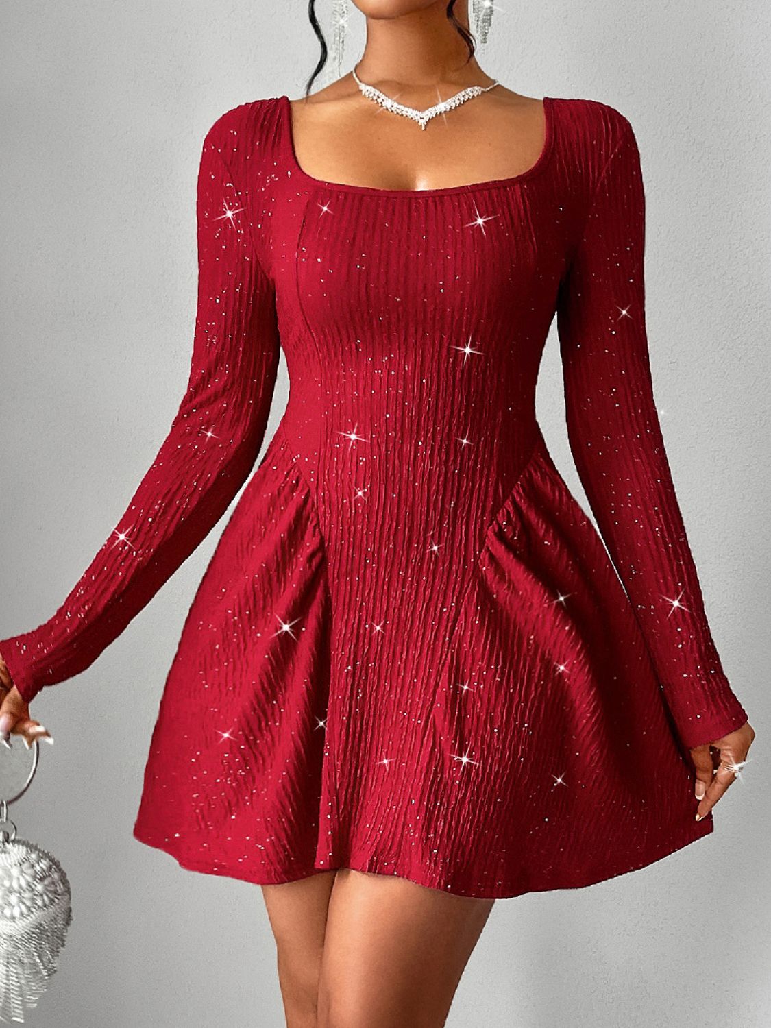 Backless Glitter Square Neck Long Sleeve Mini Dress - Flip Flop Dynasty